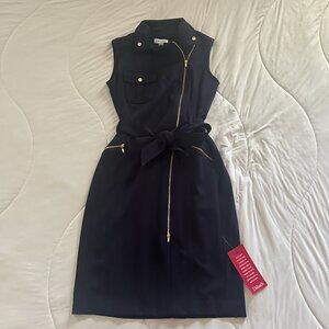 NWT Calvin Klein Indigo Blue Sheath Moto Dress, Size Petite Small (US 4)